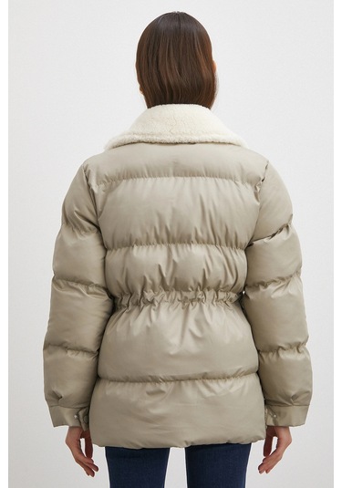 Kürk Yakalı Şişme Mont Bej Bej