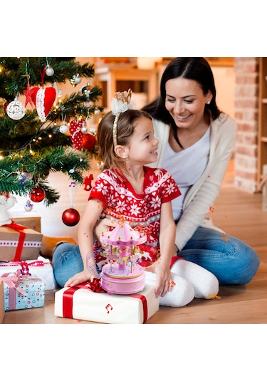 Reedark Döner Atlı Karusel Müzik Kutusu - Çocuklar İçin Doğum Günü Ve Noel Hediyesi Pembe