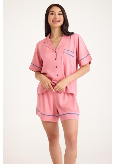 Dream Mavi/pembe Kısa Kollu Şortlu Önden Düğmeli 4 Parça Pijama Takım Set Mavi/pembe