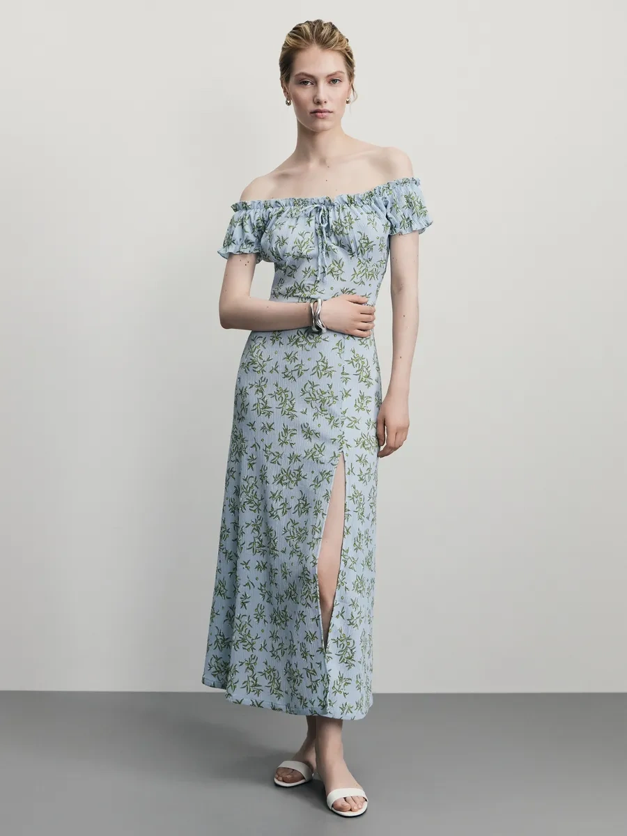 Zarına Uzun Yırtmaçlı Ve Kısa Kollu Elbise 371769342 Açık Mavi