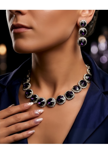 Riviere Kristal Taşlı Çiçek Model Mor Renkli Kolye Küpe Set