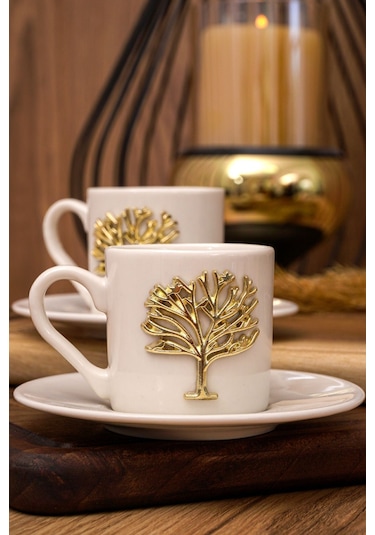 Heda Porselen Hayat Ağacı Altın Kabartma Motif 2 Kişilik Kahve Fincan Takımı