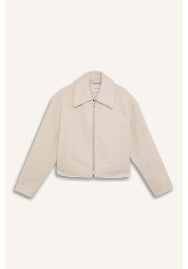 DeFacto Su İtici Regular Kalıp Polo Yaka Fermuarlı Cepli Kısa Kaşe Ceket C0935AX25SPER238 Ekru