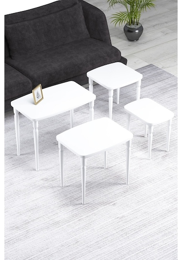 Imaj Mdf Ve Lake Boya, Beyaz 4lü Zigon Sehpa Takımı, Beyaz Gürgen Ayaklar Sehpalar Beyaz Ayaklar Beyaz