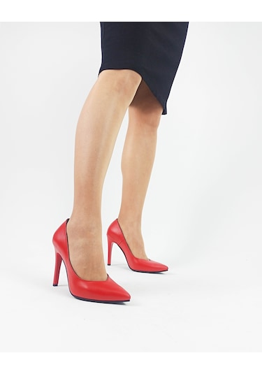 Hakiki Deri Kırmızı İnce Yüksek Topuk Kadın Stiletto Kırmızı
