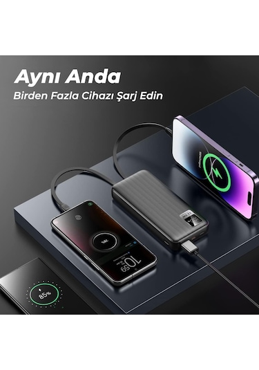 Woyax Dahili Type-C ve Lightning Kablolu 10000mAh Powerbank 22.5W Hızlı Led Ekranlı Taşınabilir Şarj Cihazı