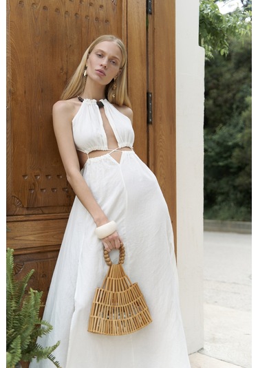 Bunina Bağcıklı Boncuk Detay Ekru Uzun Elbise Ekru