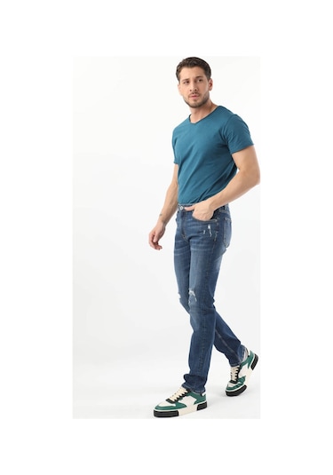 Erkek Dizi Yırtık Jean Pantolon Mavi 001