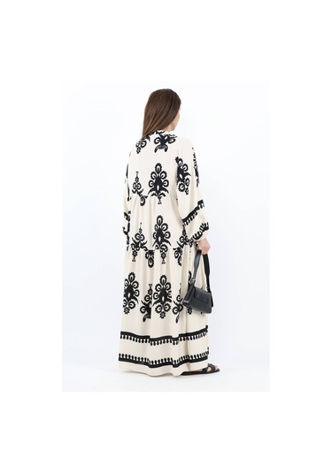 Prive Kadın Şal Desen Maksi Boy %100 Viskon Krem Siyah Uzun Elbise