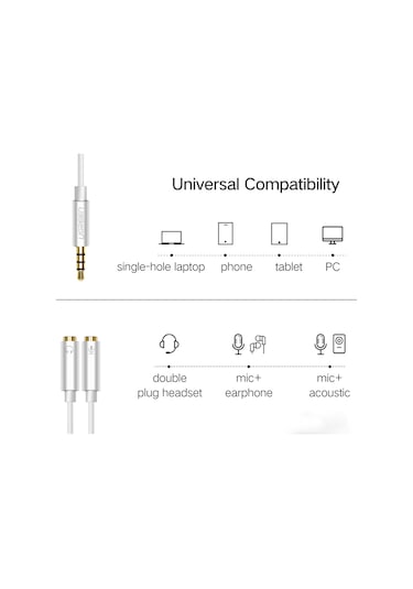 Sones Ugreen 3,5 Mm Erkek - 2 X 3,5 Mm Dişi Ses Konnektör Adaptör Kablosu 2'si 1 Arada Mikrofon + Kulaklık Ayırıcı Kablo Dönüştürücü