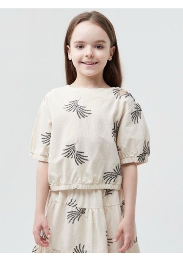 Kız Çocuk Pamuklu Omuz Pencereli Nakışlı Bluz-13814-bej Bej