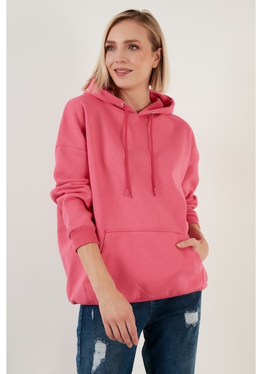 Lela Regular Fit Pamuklu Kapüşonlu Yaka Şardonlu Kışlık Bayan Sweat 5863854 Fuşya
