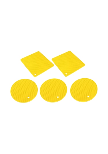 Shineyee 5 Adet Sarı Silikon Isı Direnci Yemek Tabağı Altı 3 Daire + 2 Kare - Ocak, Fırın, Mikrodalga Kullanıma Uygun, Mutfak Masası Koruyucu, 230 C'ye Kadar Dayanıklı