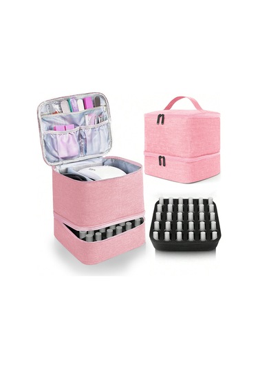 Reedark 30'lu Fırça, Oje Ve Yağ Saklama Çantası - İki Bölmeli, Ağlı Cepli, Taşınabilir Pu Kadife Makyaj Gereçleri Organizerı Pembe