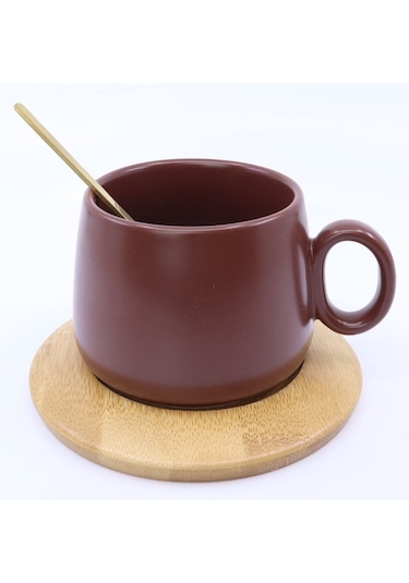 Bambu Tabaklı Seramik Kupa -kahverengi
