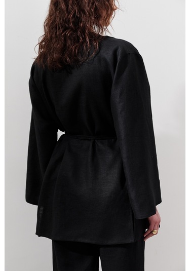 Keten Kruvaze Kapama Kimono Siyah Siyah