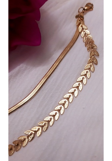 Giftworld Çelik Gold Yaprak Model Bileklik / İki Bileklik Görünüm Altın