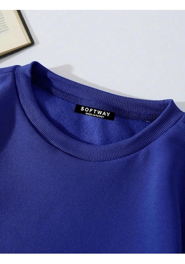 Unisex Oversize Bisiklet Yaka Basic Düz Sweatshirt - Saks Mavisi