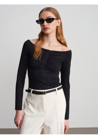 Dilvin 32661 Düğme Detaylı Bodysuit-siyah Siyah