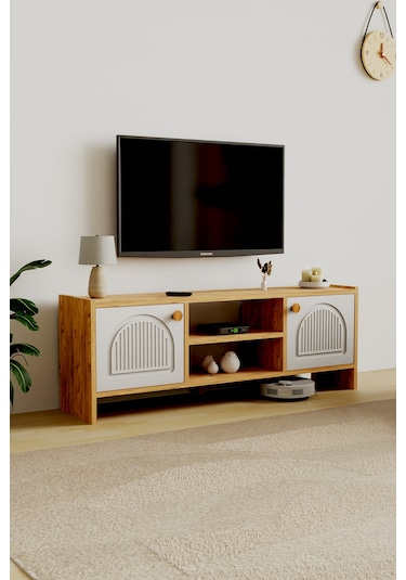 Molde Bohem Tv Sehpası Mdf Membran Kapaklı Raflı Tv Ünitesi Televizyon Sehpası Atlantik Çam - Beyaz