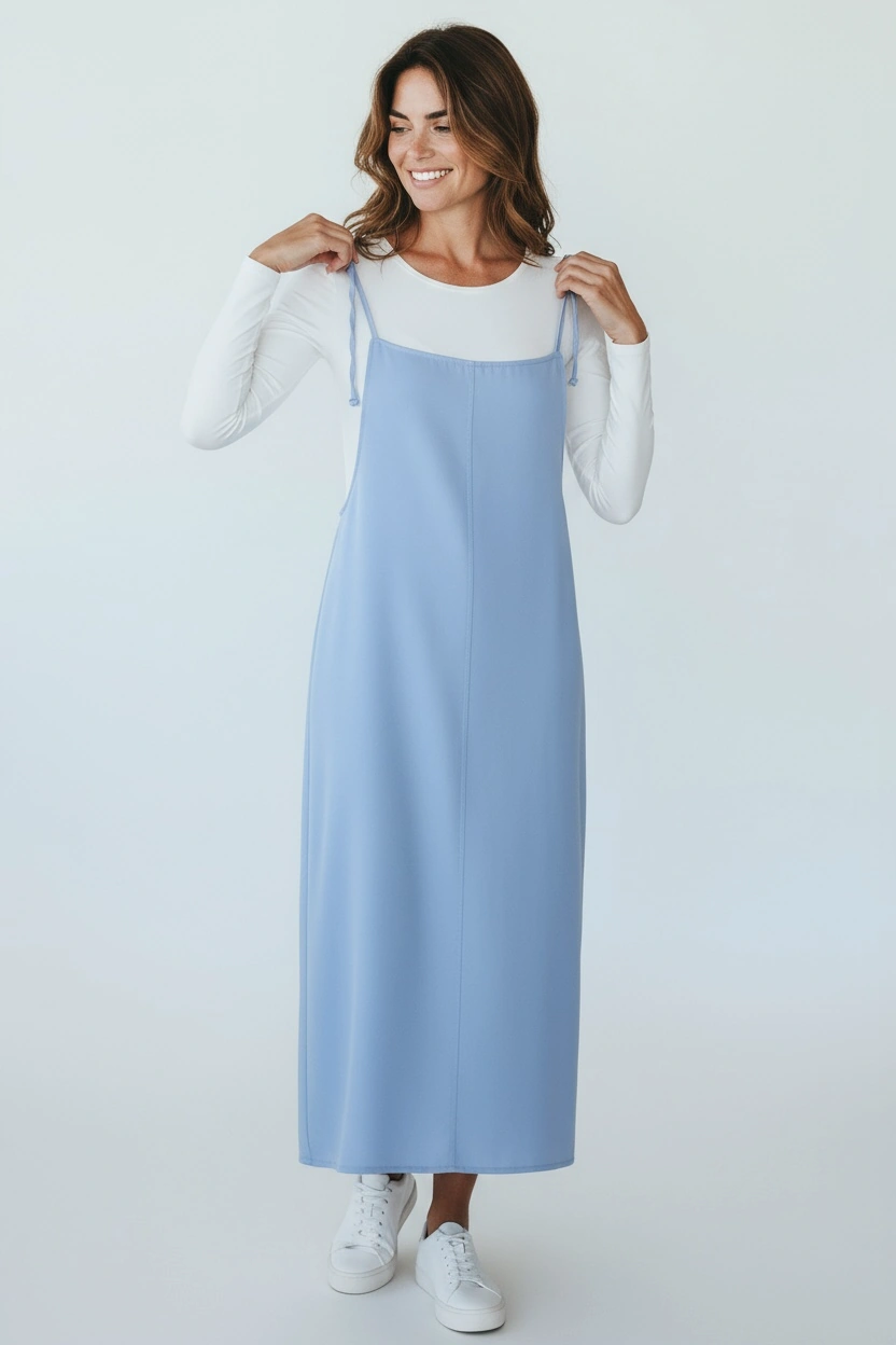 Kadın Ayarlanabilir İp Askılı Dabıl Kumaş Elbise Mavi