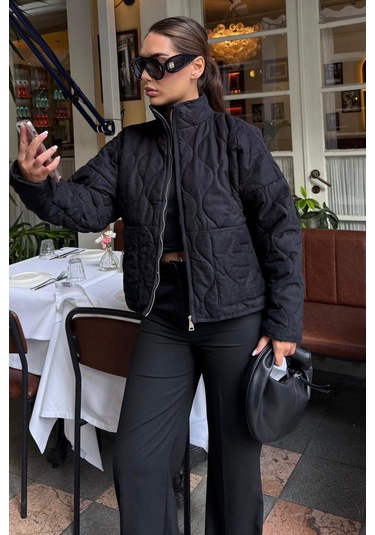 Siyah Dik Yaka Kapitone Kadın Mont Mg2568 Siyah