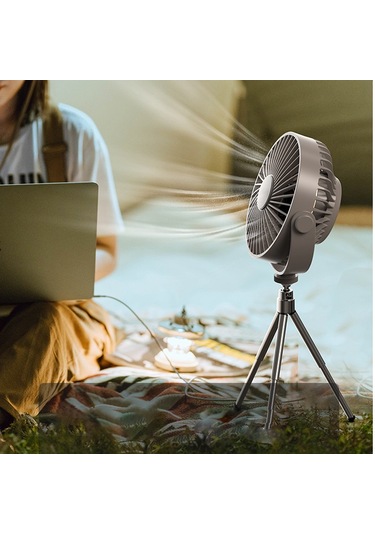 Hangfox Kamp Fani Tripodlu Usb İle Çalışır 360 Döner 3 Hızlı Işık Fonksiyonlu Asılabilir Dış Mekan Fanı Gri