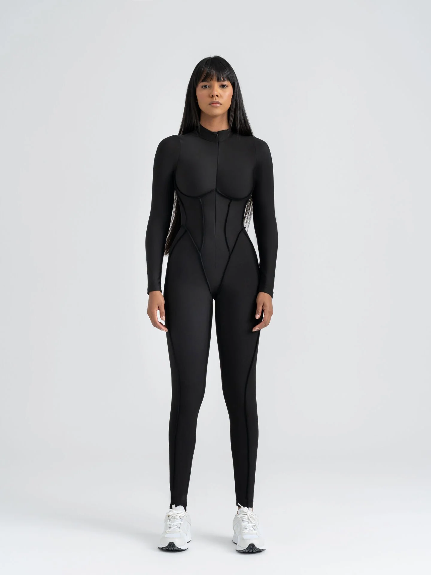 Dikişle Modellenmiş Spor Tayt Tulum Siyah