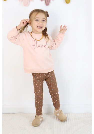 Kız Çocuk Floral Nakışlı İki İplik Kumaş Taytlı Takım Toka Dahildir. Açık Pembe