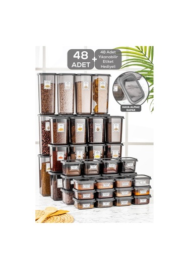 Meleni Home 48 Parça Çeyiz Seti - Etiketli Kare Erzak Saklama Kabı Kahvaltılık Çerezlik Baharatlık Bakliyat Kabı