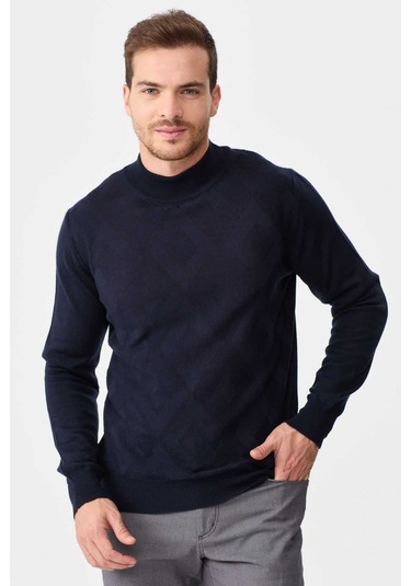 Desen Triko Erkek Yarım Balıkçı Yaka Baklava Desenli Yün Kazak 02422548 Lacivert