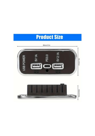 Honeybeeshop Siyah Çift Usb 3.1a Ve Type C Portları 12v Şarj Adaptörü Pd3.0 Qc3.0 Hızlı Şarj 3 Portlu Abs Araba Deniz Kamyon Golf Rv Dıy Kiti