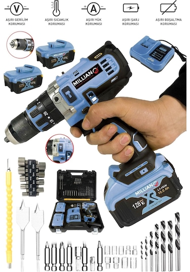 128 V 10 Ah Bakır Sargılı Darbeli Şarjlı Matkap 2 Bataryalı 39 Pc