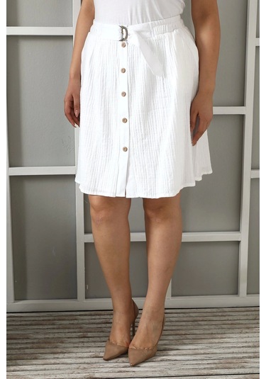 Büyük Beden Kadın Astarlı Müslin Kumaş Düğmeli Cepli Etek Beyaz
