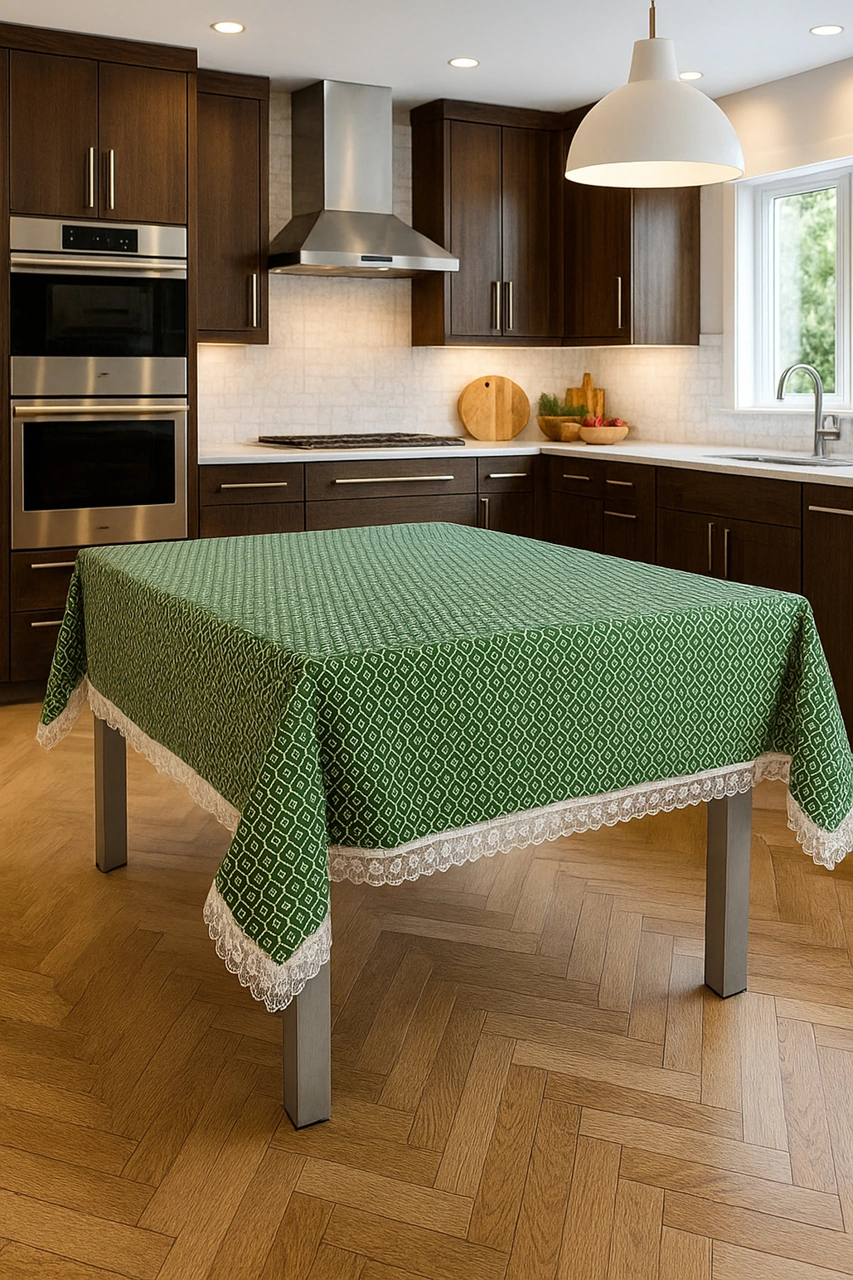 Klasik Ve Zarif Yeşil Sofra Masa Örtüsü Lüks Dantelli Kenar Detaylı Modern Şık Ve Kaliteli Kumaş Yeşil