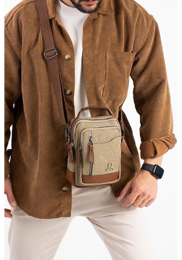 Kanvas Kumaş Erkek Postacı Çanta Omuz Çantası 20 12 Cm Çapraz Askılı Omuz Çantası Mega Çanta Bej