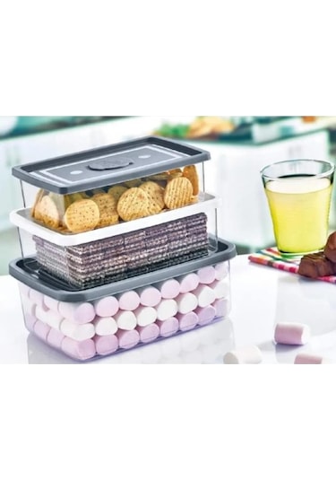 Flora Dikdörtgen Modüler Erzak Saklama Kabı 3'lü Set 750 ML + 1 L + 1.5 L Şeffaf