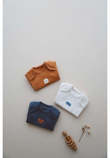 3lü Nakışlı Çıt Çıtlı Kısa Kollu Body Zıbın Model 4 Indigo