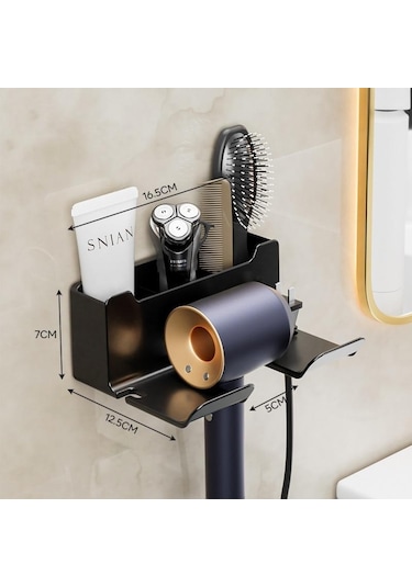 Siyah Depolama Tutucu Saç Kurutma Makinesi Tutucu Duvara Monte Raf Banyo Saç Kurutma Makinesi Depolama Raf Saç Fırçası Depolama Braketi Siyah