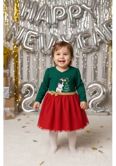 Kız Bebek Beli Fiyonk Detaylı Anvelop Yılbaşı Elbise Nbk-24923 Yeşil