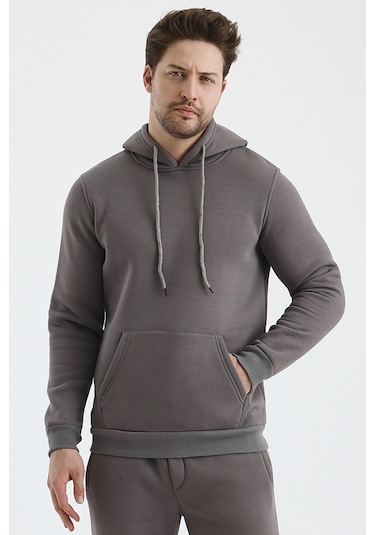 Monox Erkek Kapşonlu 3 İplik Sweatshirt Füme