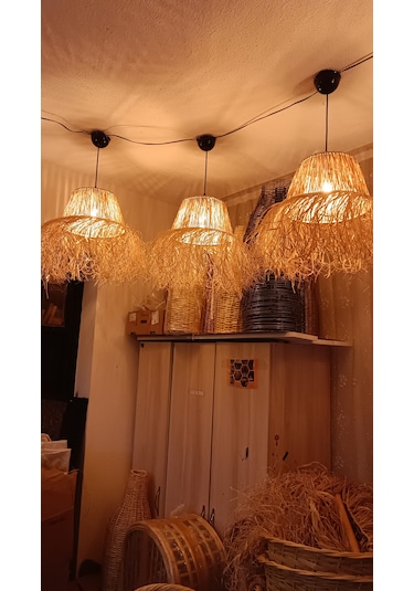 Hasır Doğal Saçaklı 30 Cm Çap Dekoratif Rafya Avize Sarı