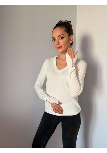 Ali Butik Beyaz V Yaka Kol Detaylı Triko Beyaz