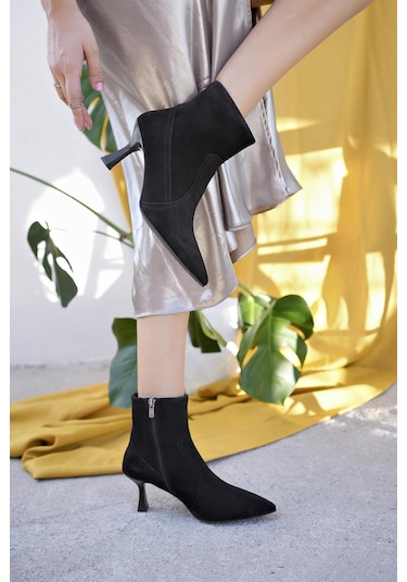 Muggo Natalie Garantili Hakiki Deri Sivri Burun Fermuarlı İnce Topuklu Kadın Bot 001