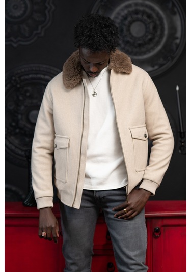 Slimfit Kürklü Sabit Yaka Beli Lastikli Astarlı Kaşe Mont Krem