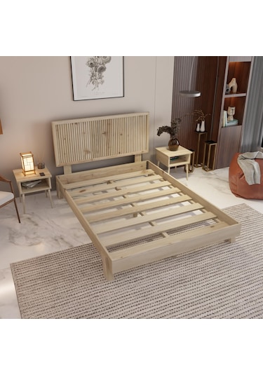 Alaz Model Vernikli Çam Ahşap Karyola Ve İki Komodin Set Dikey -296 140 x 190