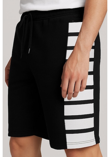 Erkek Siyah Beyaz Çizgili Spor Bermuda Şort Bağcıklı Cepli Siyah