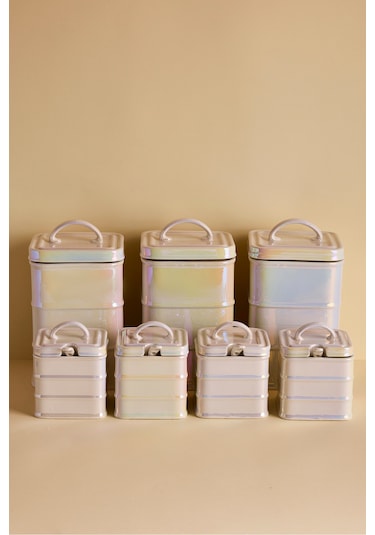 Bianca Pearl 7'li Porselen İnci Sedefli Kulplu Kapaklı Kare Form Baharatlık Takımı Beyaz Beyaz