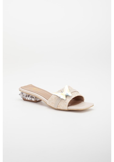 Hasır Kelebek Taş Tokalı Bej Kadın Kısa Topuklu Terlik-3089-bej Bej