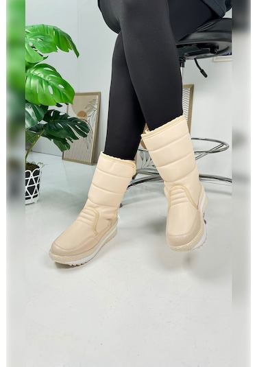 Nstil Alves Unisex Kadın - Erkek - Çocuk Kar Botu İçi Kürklü Cırt Cırtlı Kaymaz Taban Ayakkabı 802 Bej